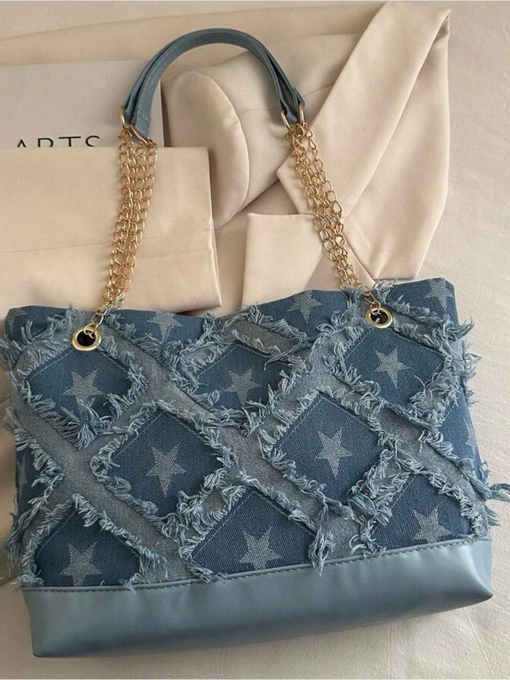 Star-Pattern Frayed Denim Tote - Light Blue - Picture 4 of 5